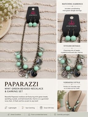 Paparazzi Mint Green Beaded Charm Necklace & Matching Earrings Set